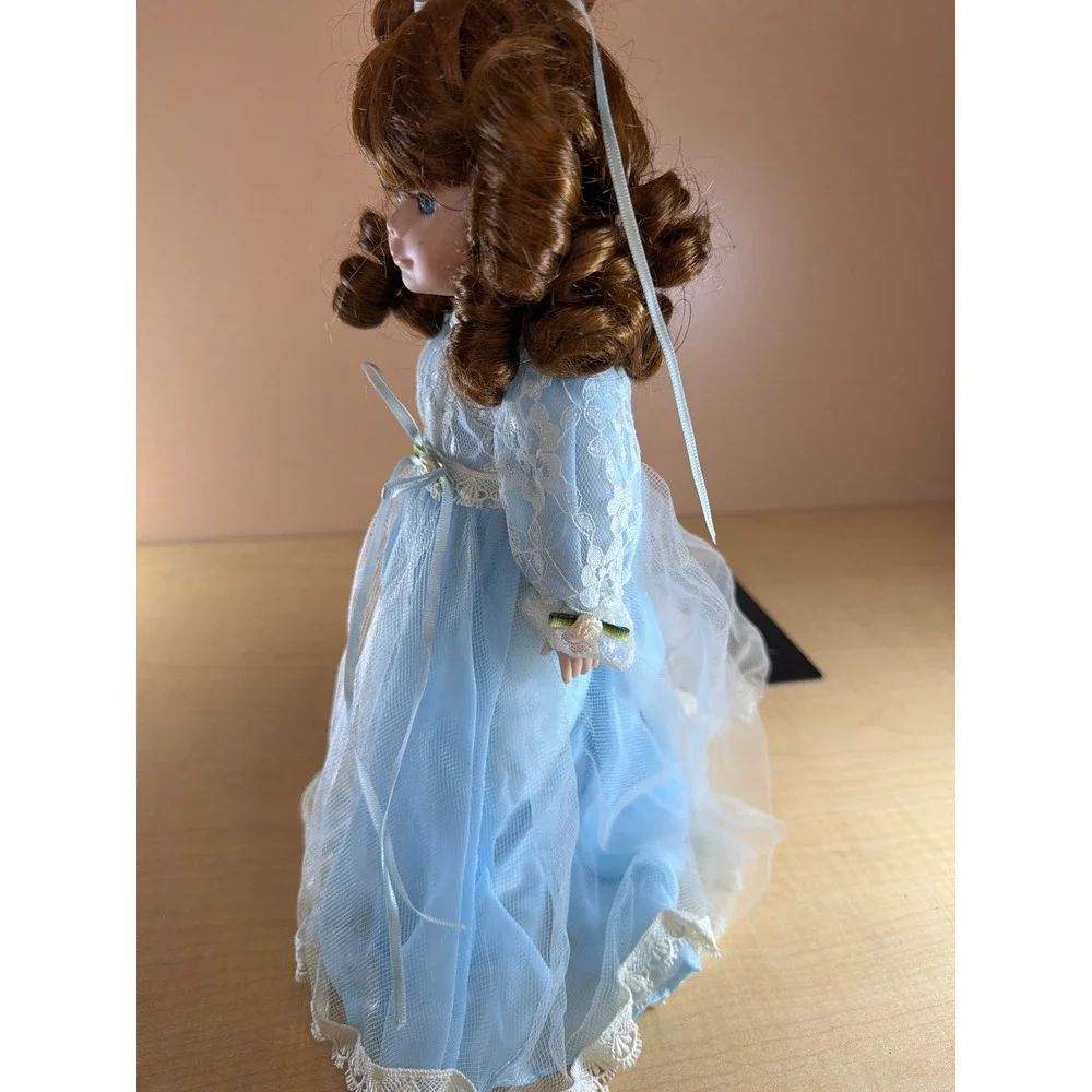 Vintage Porcelain Collector Doll Auburn Curls Blue Lace Dress‎ 12 Inch Victorian